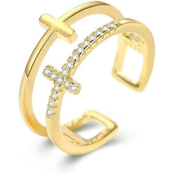 Adjustable 18k Gold Plated CZ Leaf Open  Dainty Cubic Ring for Women Teen Girls - Picture 1 of 6